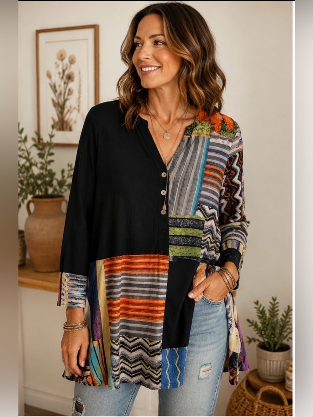 Parsley & Sage Patchwork Boho Swing Tunic Top Medium Mixed Print Artsy